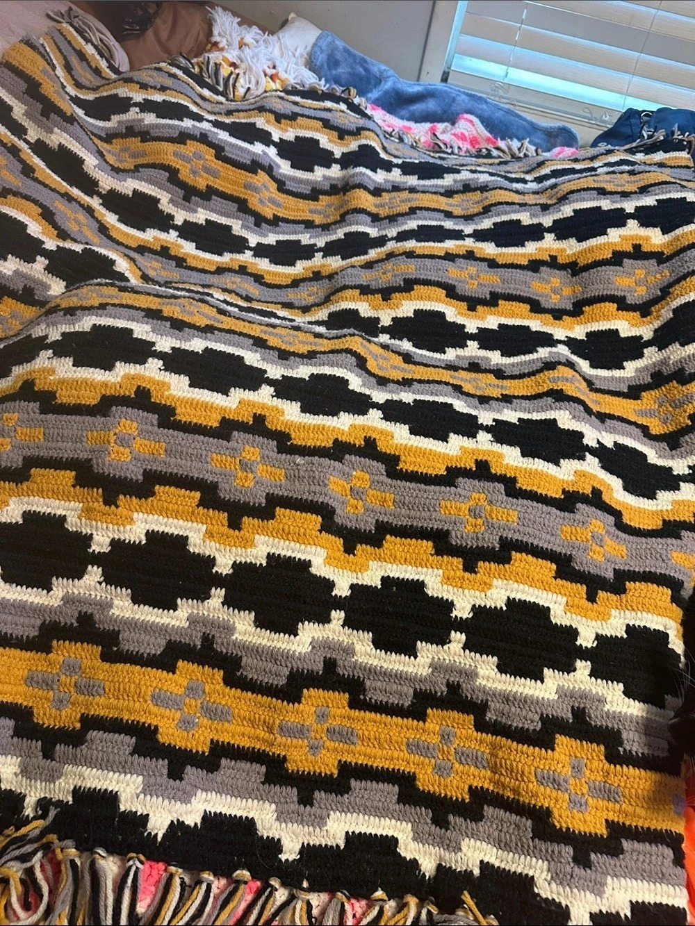 Club H. Avery Geometric Knit Fringe Wrap in Black & Yellow